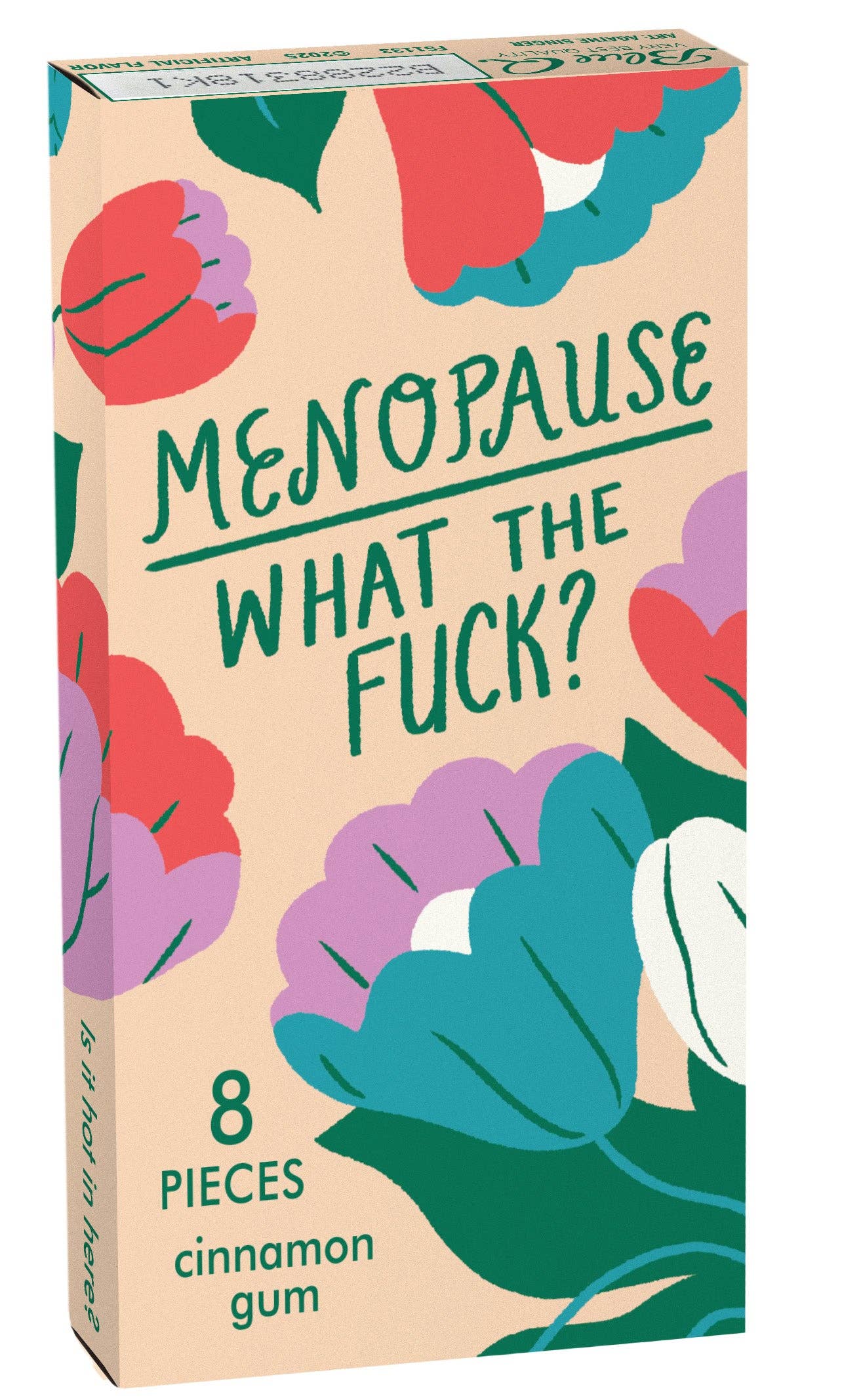 Box of 'Menopause What The F***?' cinnamon gum with floral design