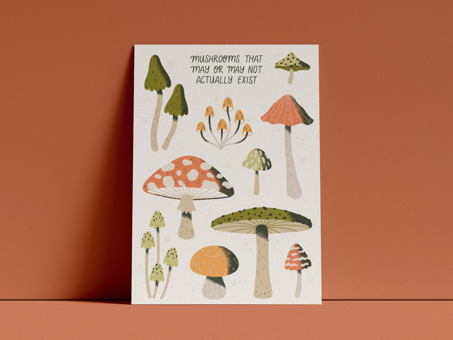 Card with illustrations of mushrooms on a brown background