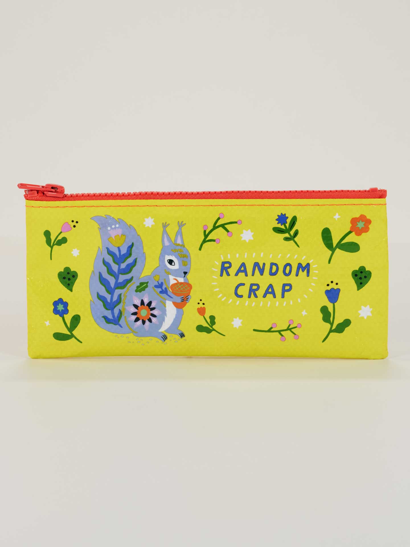 Yellow pouch with cartoon squirrel and floral designs on a white background