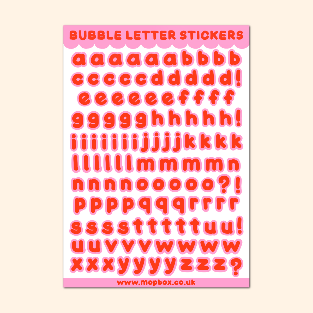 Bubble Letters Sticker Sheet - Red on Pink
