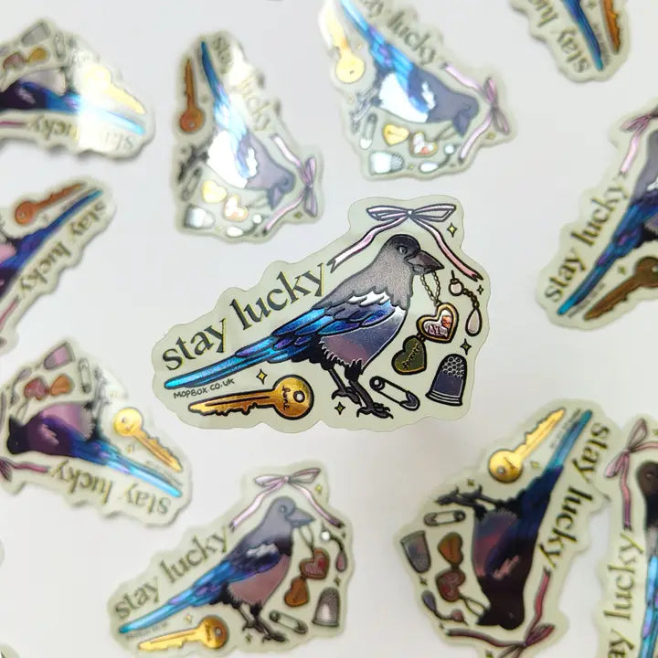 Stay Lucky Magpie Sticker - Vintage Trinkets Mirror Vinyl