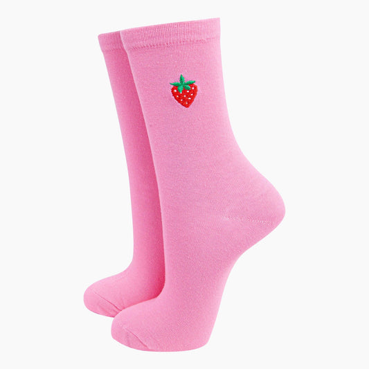 Pink Embroidered Strawberry Socks
