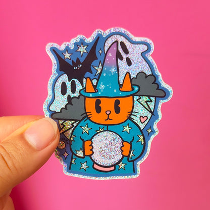 Wizard Cat -  Halloween Ghosts-  Glitter Vinyl Sticker - Wholesale Case of 6 Units