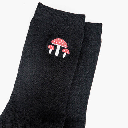 Black Embroidered Mushroom Socks
