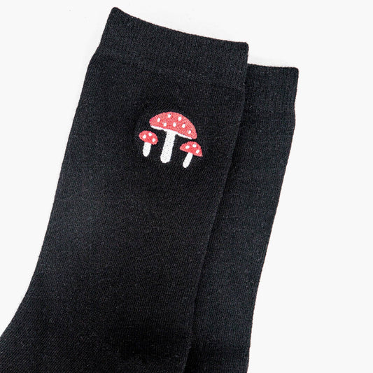Black Embroidered Mushroom Socks