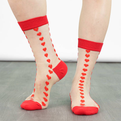 Women's Sheer Ankle Socks- Red, Heart