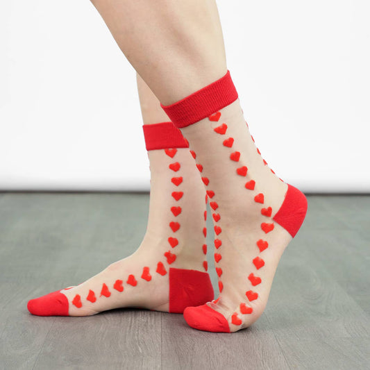Women's Sheer Ankle Socks- Red, Heart