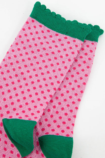 Pink & Green Polkadots Glitter Socks