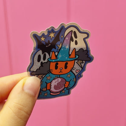 Wizard Cat -  Halloween Ghosts-  Glitter Vinyl Sticker - Wholesale Case of 6 Units