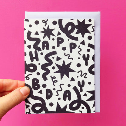 Black and White Confetti Bday- Pearlescent Birthday Card