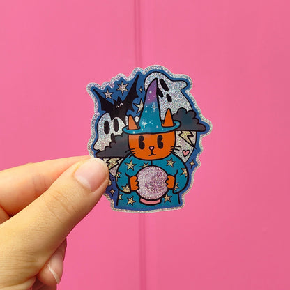 Wizard Cat -  Halloween Ghosts-  Glitter Vinyl Sticker - Wholesale Case of 6 Units