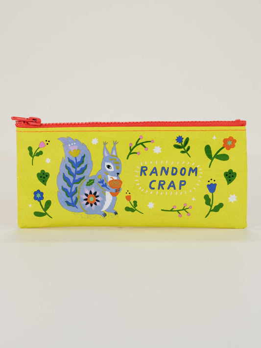 Yellow pouch with cartoon squirrel and floral designs on a white background