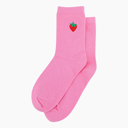 Pink Embroidered Strawberry Socks