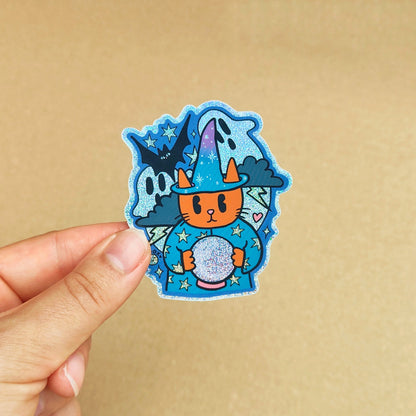 Wizard Cat -  Halloween Ghosts-  Glitter Vinyl Sticker - Wholesale Case of 6 Units