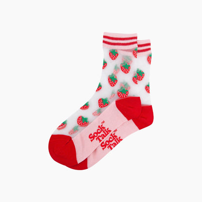 Socks with strawberry pattern and 'Sock Talk' text on a white background