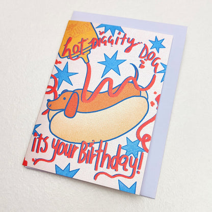Hotdog Weiner Dog Party- Pearlescent Birthday Card