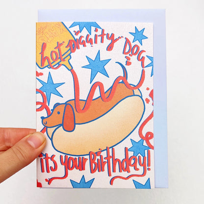 Hotdog Weiner Dog Party- Pearlescent Birthday Card