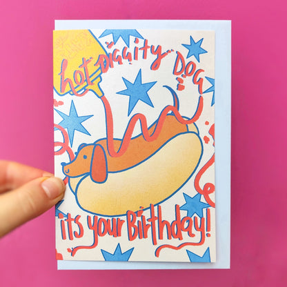 Hotdog Weiner Dog Party- Pearlescent Birthday Card