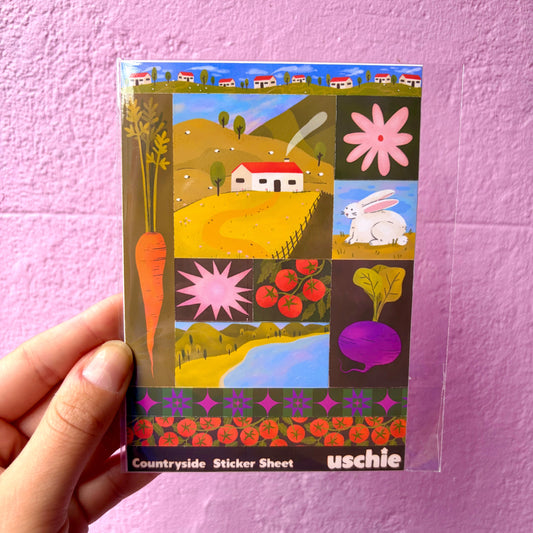 A hand holding a clear plastic sleeve containing a colorful 'Countryside Sticker Sheet' by uschie, set against a textured pink wall.