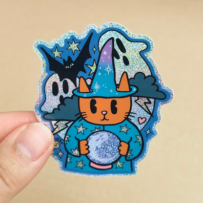 Wizard Cat -  Halloween Ghosts-  Glitter Vinyl Sticker - Wholesale Case of 6 Units