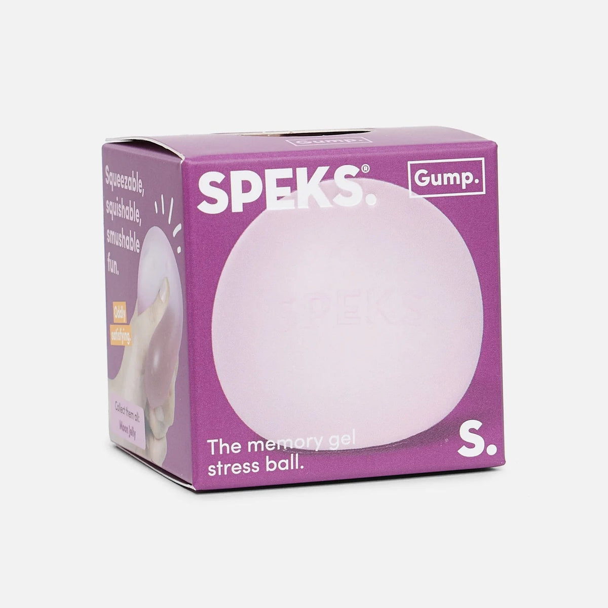 Speks Gump S. Memory Gel Stress Ball in its purple packaging box, featuring a large circular cutout on the front showing the pale pinkish-purple gel ball inside.