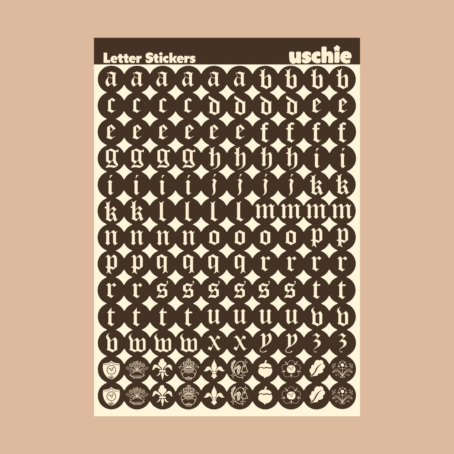 Medieval Alphabet Sticker Sheet: Brown & Cream
