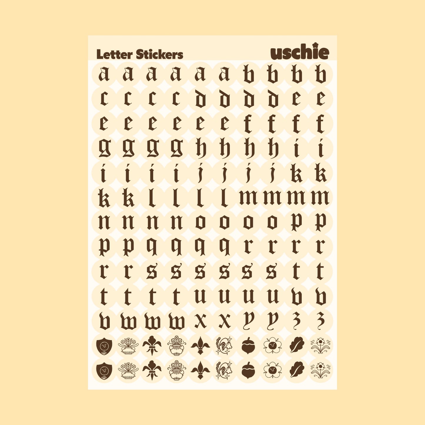 Medieval Alphabet Sticker Sheet: Cream & Brown