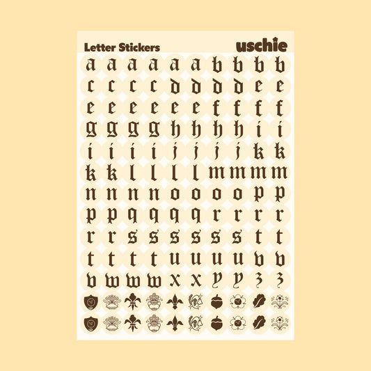 Medieval Alphabet Sticker Sheet: Cream & Brown