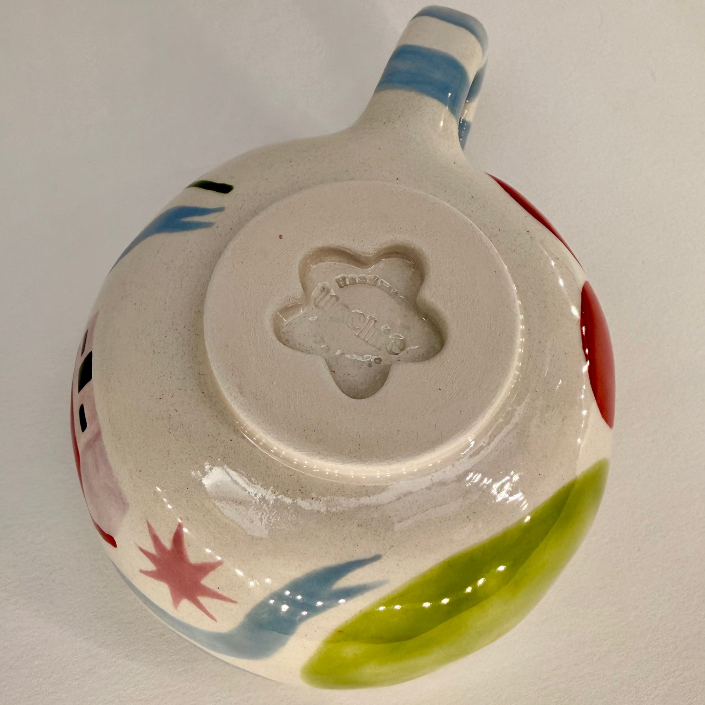 Ceramic bowl with colorful designs on a white background