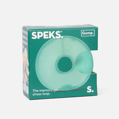 Speks Gump S. memory gel stress loop in a translucent mint green color, shown inside its dark green retail packaging box against a light gray background.