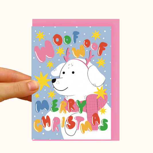 Woof Woof Merry Christmas Dog - Pearlescent Christmas Card - WS Case of 6 Units