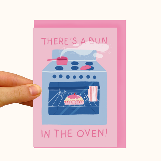 Bun in The Oven - Pregnancy & Baby Announcement- Pearlescent New Baby Card - WS Case of 6 Units