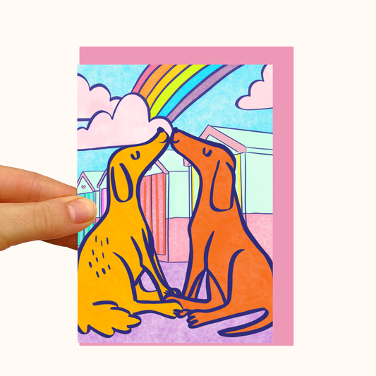 Kissing Dogs - Brighton Beach Huts - Pearlescent Love Card - WS Case of 6 Units