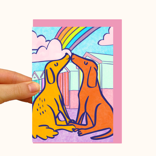 Kissing Dogs - Brighton Beach Huts - Pearlescent Love Card