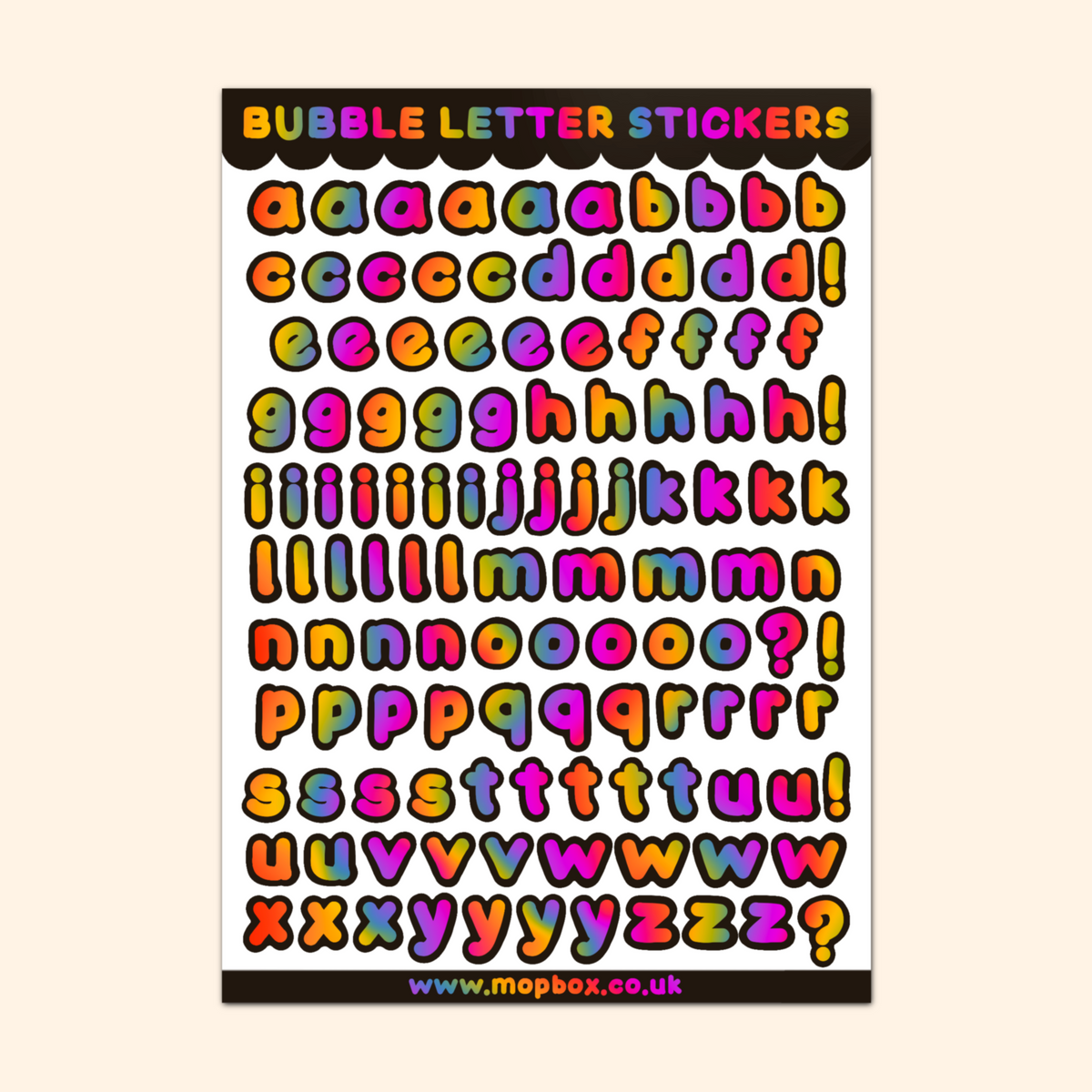 Bubble Letters Sticker Sheet - Rainbow on Black