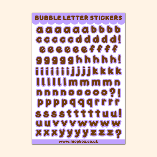 Bubble Letters Sticker Sheet - Chocolate Brown on Periwinkle