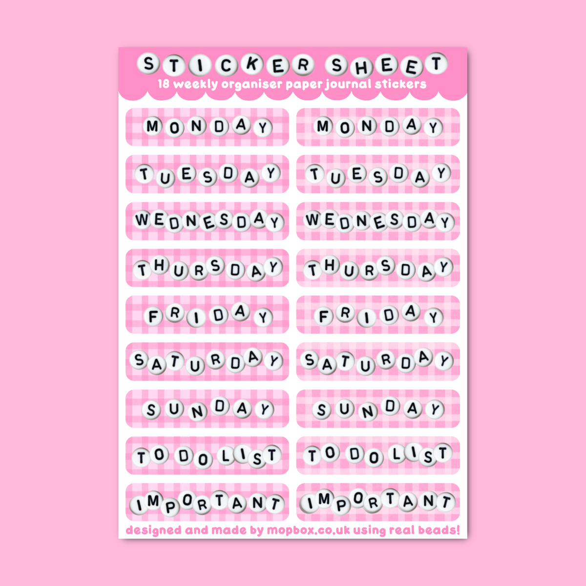 Planner Days Of The Week Mini Sticker Sheet - Pink Gingam Bead Letters