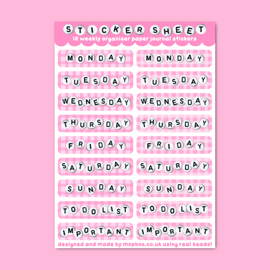 Planner Days Of The Week Mini Sticker Sheet - Pink Gingam Bead Letters