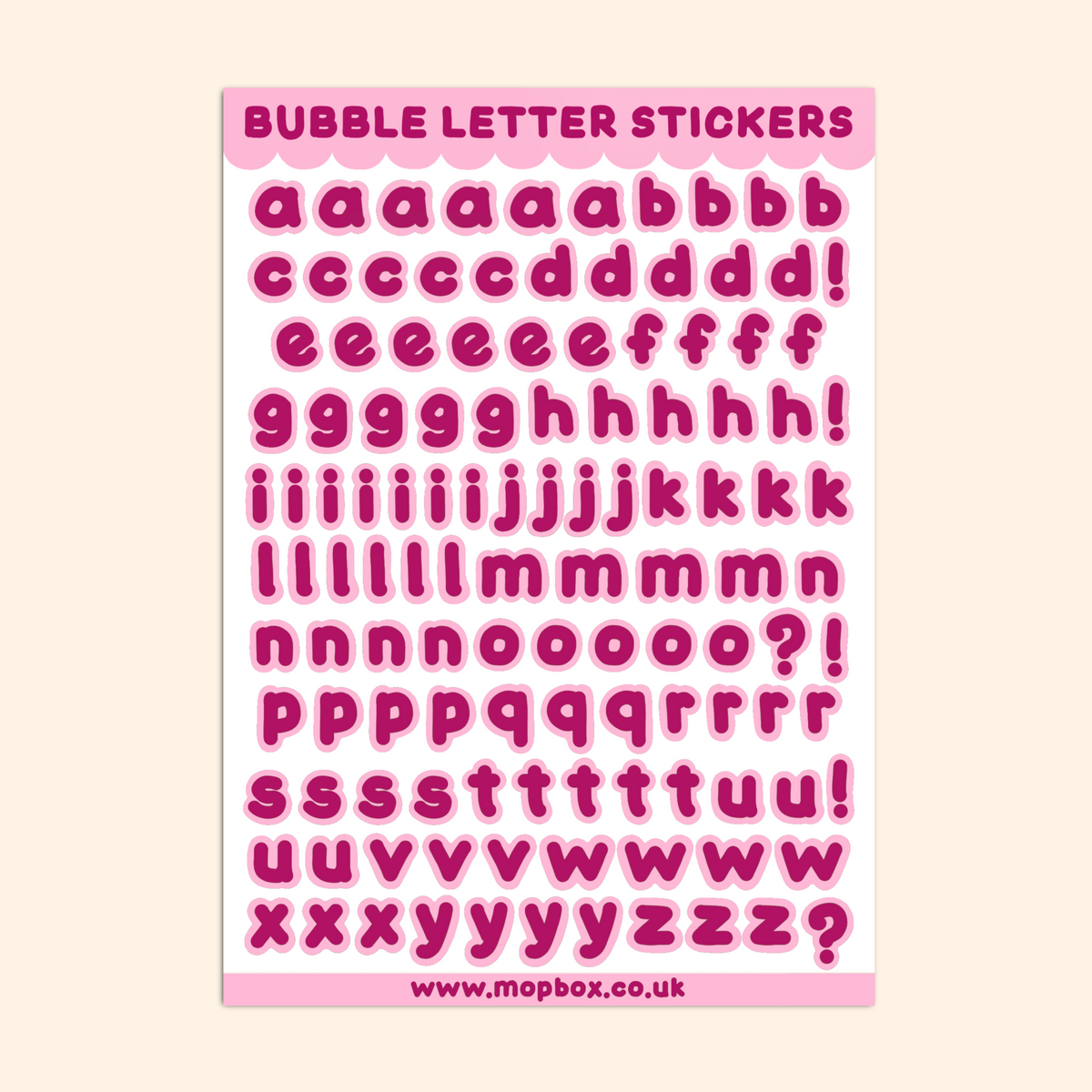 Bubble Letters Sticker Sheet - Raspberry on Pink