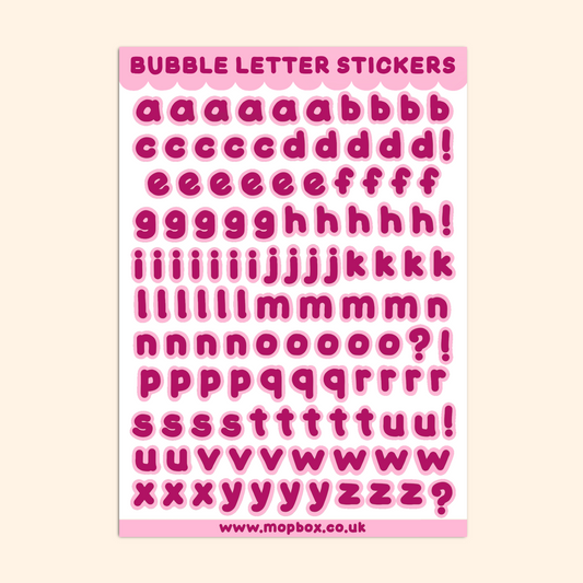 Bubble Letters Sticker Sheet - Raspberry on Pink