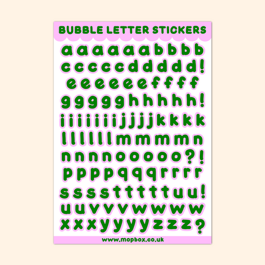 Bubble Letters Sticker Sheet - Green & Pink