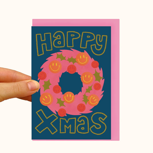 Happy Xmas Smile Wreath - Pearlescent Christmas Card - WS Case of 6 Units