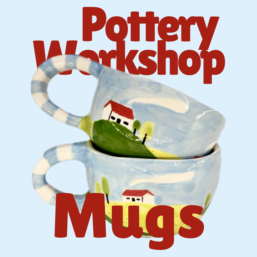 Two ceramic mugs with a house design on a light blue background, labeled 'Pottery Workshop Mugs'.