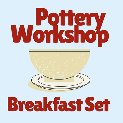 Advertisement for Pottery Workshop Breakfast Set with a bowl illustration on a light blue background.
