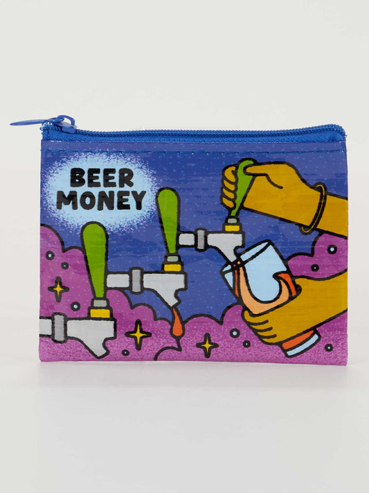 Pouch with 'Beer Money' design featuring a hand pouring beer from a tap into a cup.