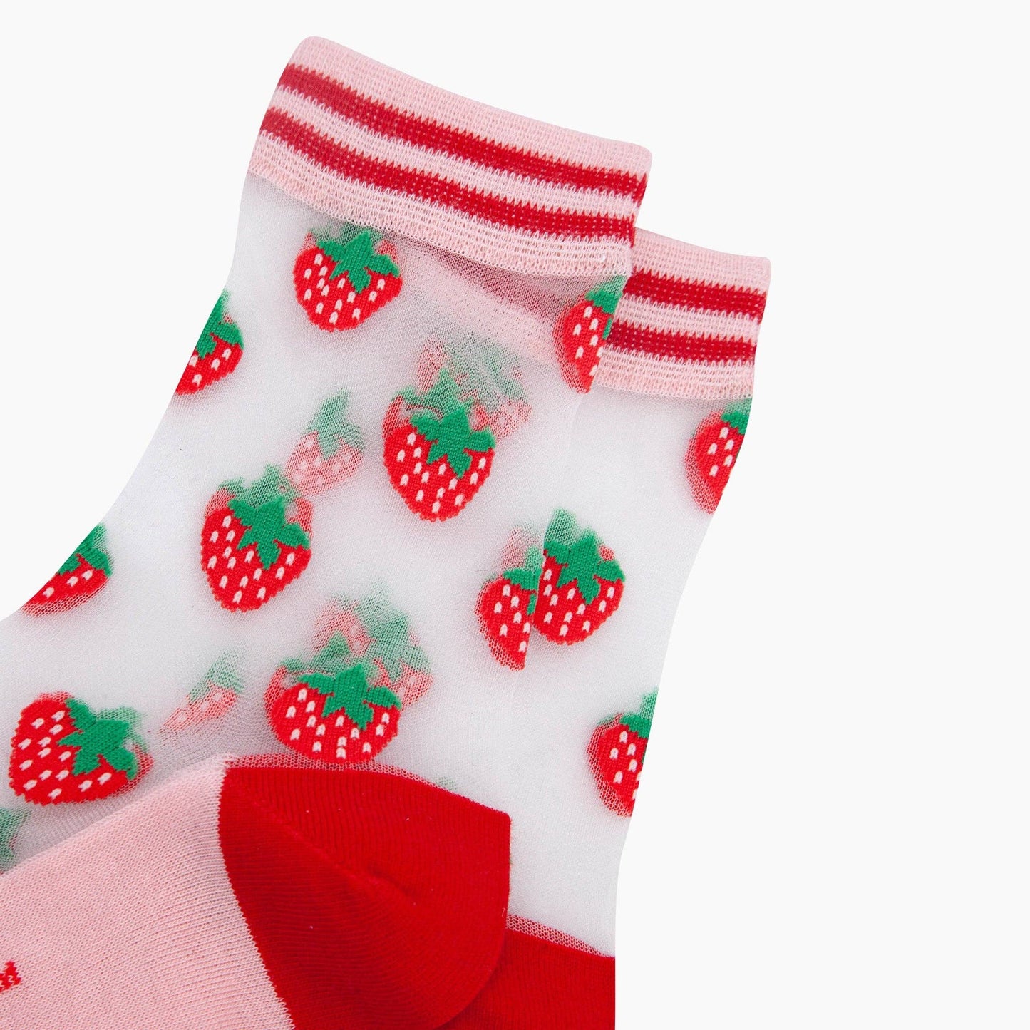 Sheer socks with strawberry pattern and red and white striped top on a white background