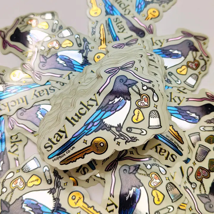 Stay Lucky Magpie Sticker - Vintage Trinkets Mirror Vinyl