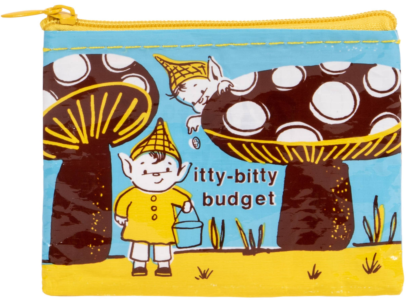 Pouch with cartoon design of a child and mushrooms, labeled 'itty-bitty budget'.