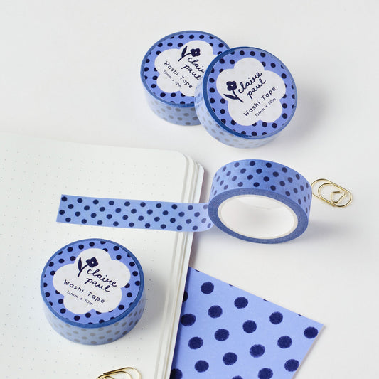 Blue polka dot printed washi tape, on a white background