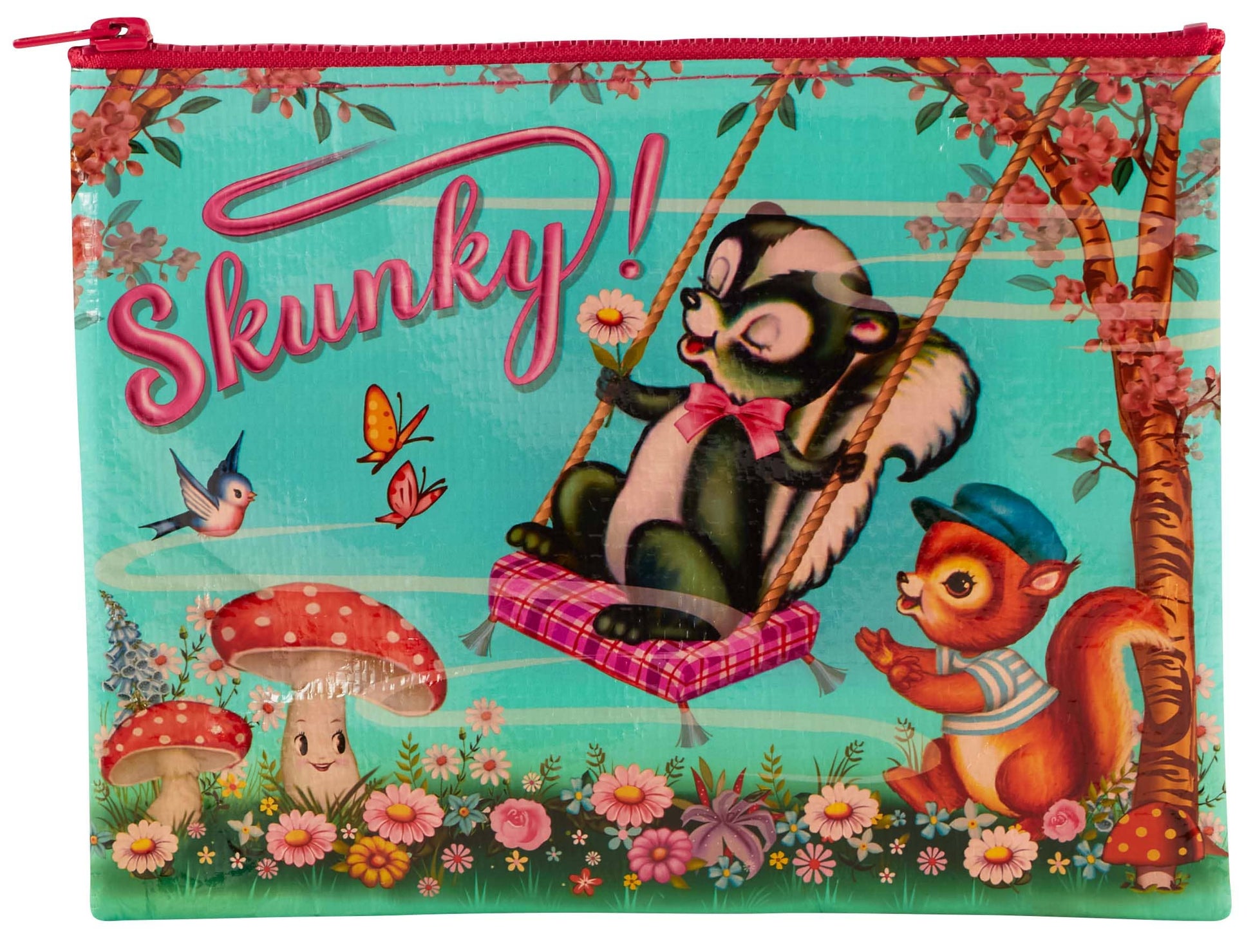 Pouch with a skunk character on a swing and a squirrel, surrounded by flowers and mushrooms, with 'Skunky!' text.